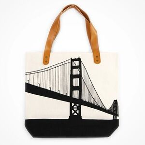 Canvas Tote Bag San Francisco Golden Gate Bridge Cream Black Handles Shoulder